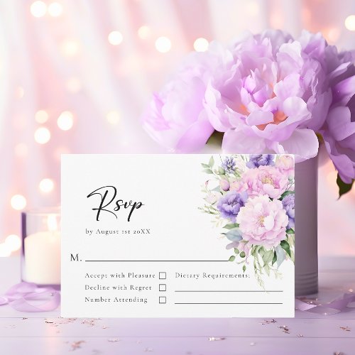 Elegant Flower Peony Lavender Pink Wedding RSVP Card