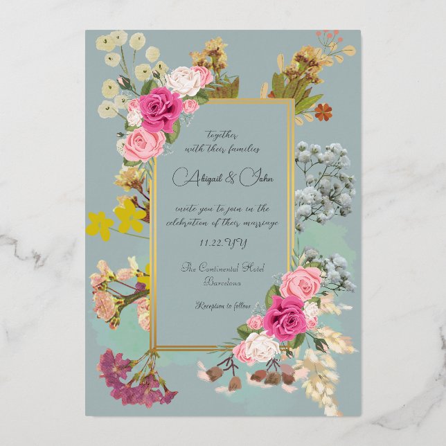 Elegant flower Periwinkle Wedding  Foil Invitation (Front)