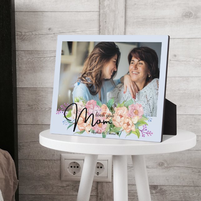 Elegant Flower Script Love You Mom Photo  Plaque (Creator Uploaded)