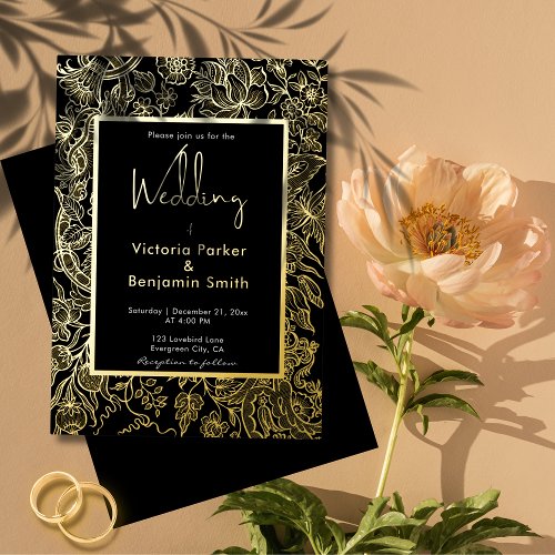 Elegant Flower Sketch Frame Black Gold Wedding Foil Invitation