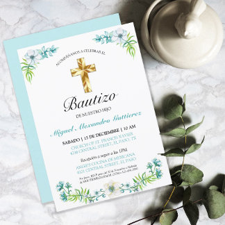 Elegant Flowers and Cross for Boy Christening Invitation