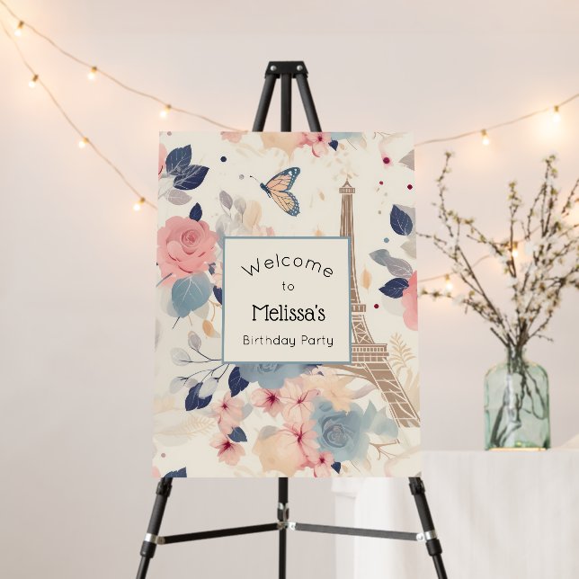Elegant Flowers and Eiffel Tower Birthday Welcome Foam Board (In Situ (Stand))