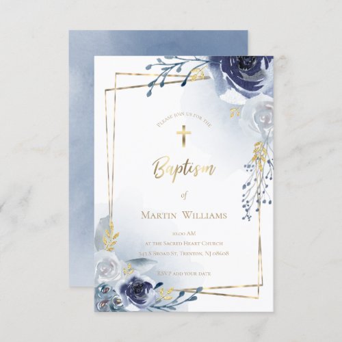 elegant flowers and faux gold foil frame  Baptism Invitation