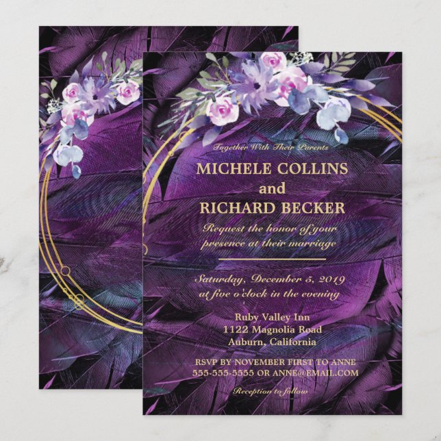 Elegant Flowers and Feathers Invitation (Front/Back)