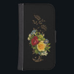 Elegant Flowers and Gold Scrolls Galaxy S4 Wallet Case<br><div class="desc">Rich colors of yellow and red roses,  and assorted white and blue flowers with gold leaves and scrolls on a black background.</div>