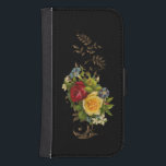 Elegant Flowers and Gold Scrolls Galaxy S4 Wallet Case<br><div class="desc">Rich colors of yellow and red roses,  and assorted white and blue flowers with gold leaves and scrolls on a black background.</div>
