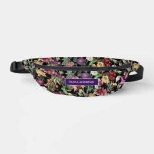 Elegant flowers and leaves black floral Pattern Fanny Pack