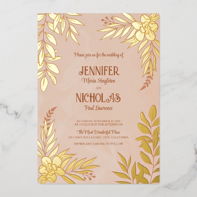 Elegant Flowers And Leaves Ornaments for Wedding Foil Invitation (Front)