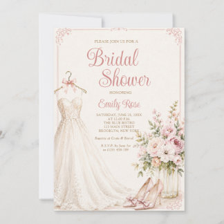 Elegant Flowers and Wedding Dress Bridal Shower Invitation