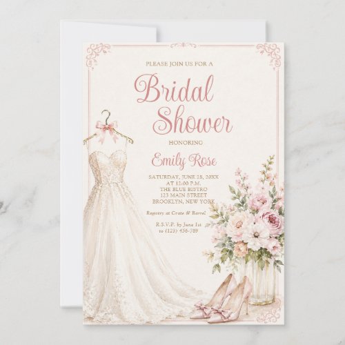 Elegant Flowers and Wedding Dress Bridal Shower Invitation