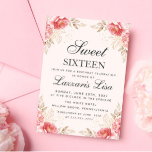 Elegant Flowers Birthday Gold Sweet 16 Invitation