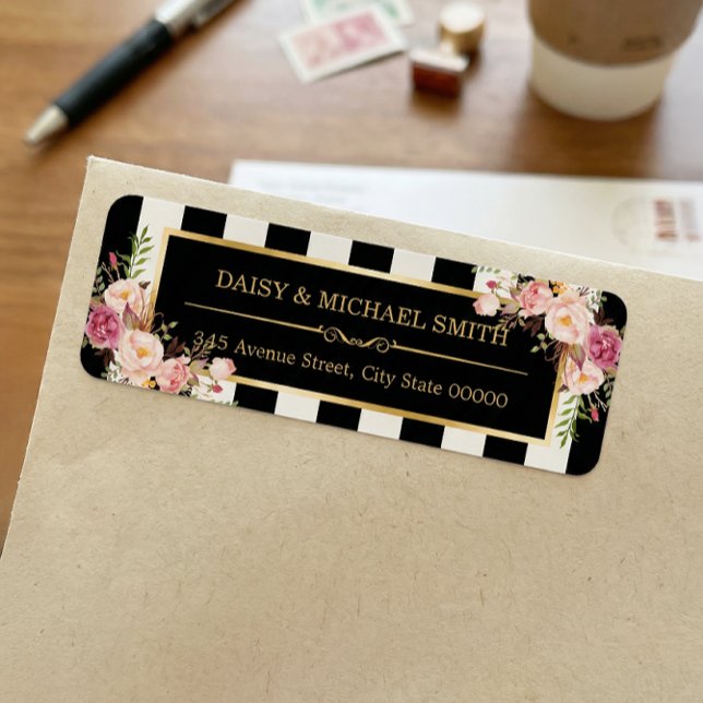 Elegant Flowers Black White Stripes Gold Frame Label (Creator Uploaded)