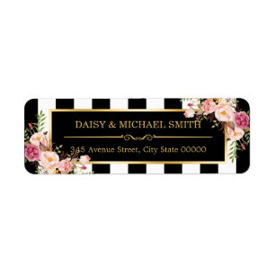 Elegant Flowers Black White Stripes Gold Frame Label