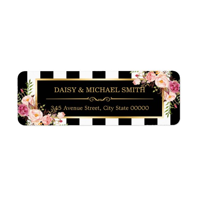 Elegant Flowers Black White Stripes Gold Frame Label (Front)