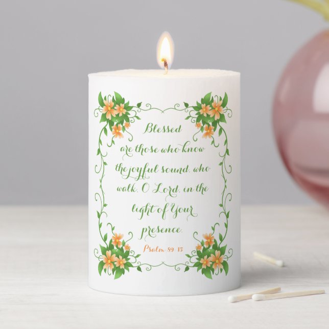 Elegant Flowers Blessed Are Those Bible Verse Pillar Candle (In Situ)