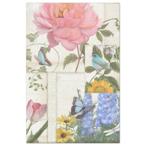 Elegant Flowers Blue Pink Butterfly Bird Decoupage Tissue Paper
