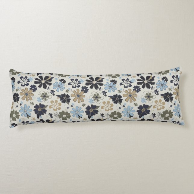 Elegant Flowers Blue Tan Floral Pattern Body Pillow (Back)