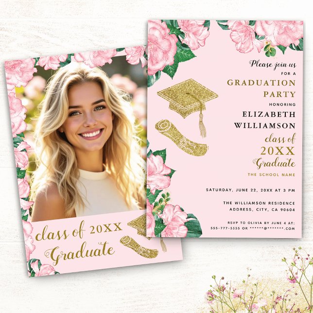 Elegant Flowers Blush Pink and Gold Graduation Invitation (Creator Uploaded)