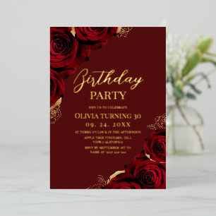 Elegant Flowers Burgundy Red Rose 30th Birthday Foil Invitation