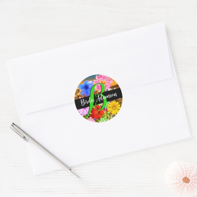 Elegant Flowers: Chic Stylish Monogram Script Name Classic Round Sticker (Envelope)