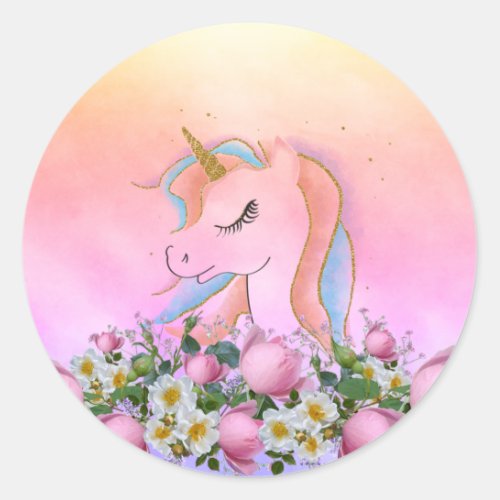 Elegant FlowersColorfulRainbow Unicorn Classic Round Sticker