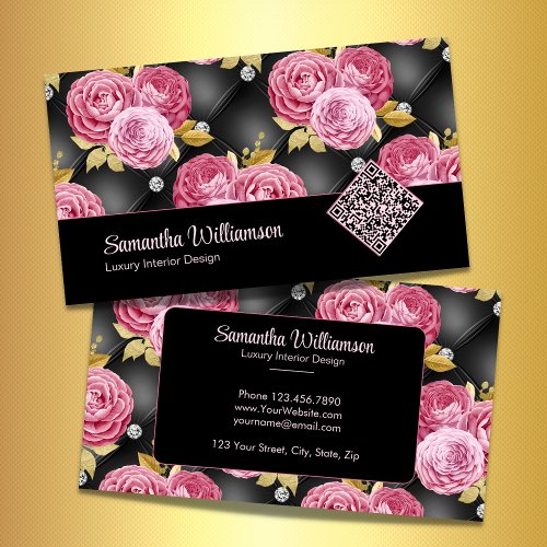 Elegant Flowers Diamond Stud Black QR Code Business Card