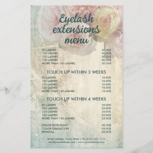 Elegant Flowers Eyelash Menu Vintage Pink Peony Flyer