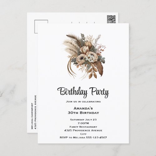 Elegant Flowers Foliage and Feather Birthday Party Postcard