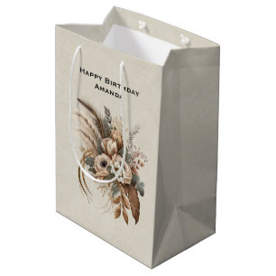 Elegant Flowers Foliage and Feathers Birthday Medium Gift Bag