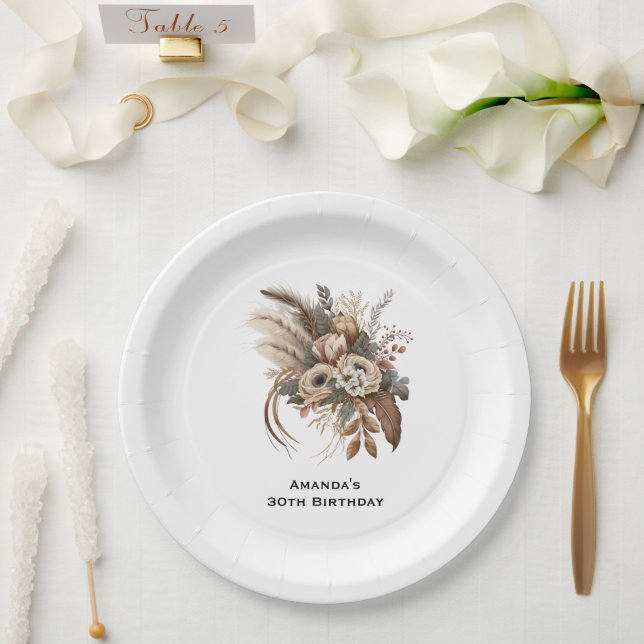 Elegant Flowers Foliage and Feathers Birthday Paper Plates (Wedding)
