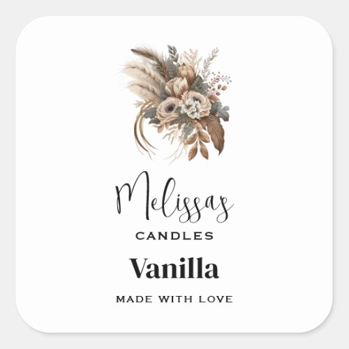Elegant Flowers Foliage and Feathers Candle Craft Square Sticker