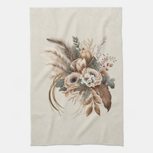 Elegant Flowers Foliage and Feathers Kitchen Towel