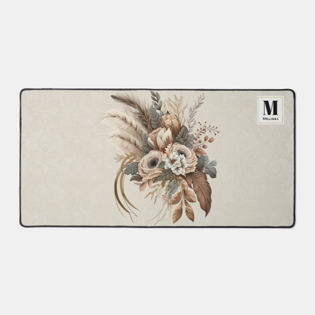 Elegant Flowers Foliage and Feathers Monogram Desk Mat (Front)