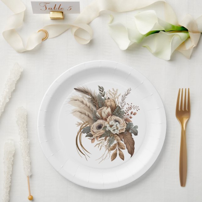 Elegant Flowers Foliage and Feathers Paper Plates (Wedding)