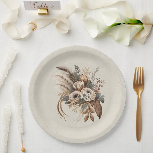Elegant Flowers Foliage and Feathers Paper Plates (Wedding)