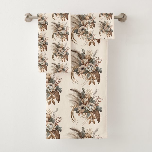 Elegant Flowers Foliage and Feathers Pattern Bath Towel Set (Insitu)