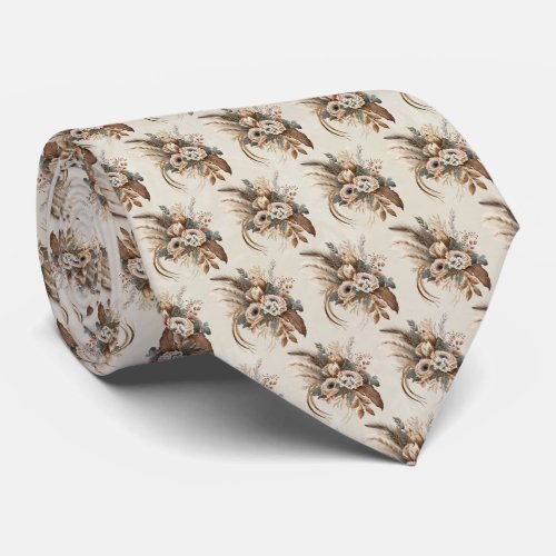 Elegant Flowers Foliage and Feathers Pattern Neck Tie