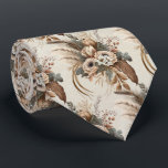 Elegant Flowers Foliage and Feathers Pattern Neck Tie<br><div class="desc">A tie with a pretty bouquet of peach florals,  surrounded by brownish bronze grasses and foliage with feather accents.
A light brownish cream colored background with a faint damask pattern.</div>