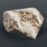 Elegant Flowers Foliage and Feathers Pattern Neck Tie<br><div class="desc">A tie with a pretty bouquet of peach florals,  surrounded by brownish bronze grasses and foliage with feather accents.
A light brownish cream colored background with a faint damask pattern.</div>