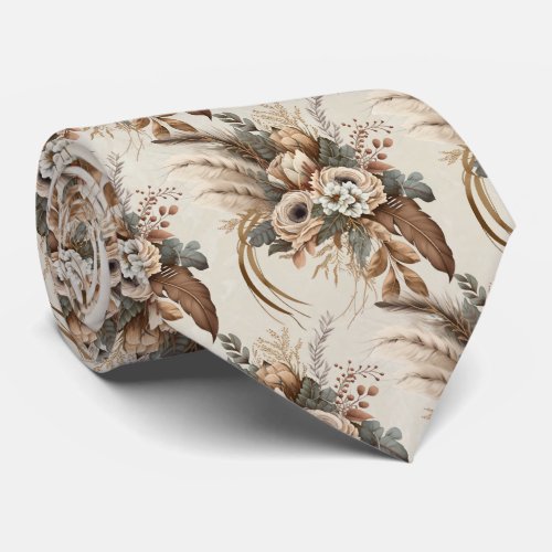 Elegant Flowers Foliage and Feathers Pattern Neck Tie