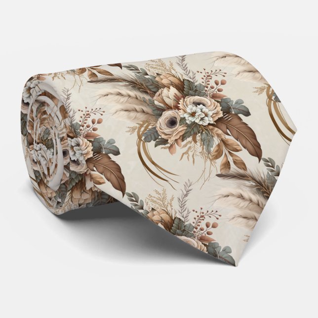 Elegant Flowers Foliage and Feathers Pattern Neck Tie (Rolled)