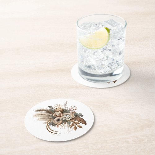 Elegant Flowers Foliage and Feathers Round Paper Coaster