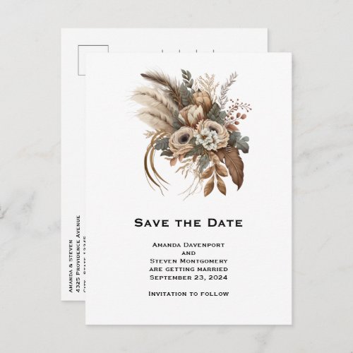 Elegant Flowers Foliage and Feathers Save the Date Invitation Postcard