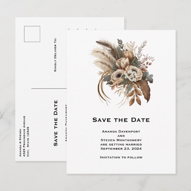 Elegant Flowers Foliage and Feathers Save the Date Invitation Postcard (Front/Back)