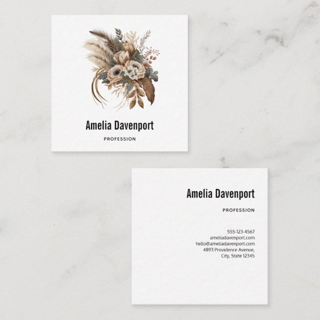 Elegant Flowers Foliage and Feathers Square Business Card (Front/Back)