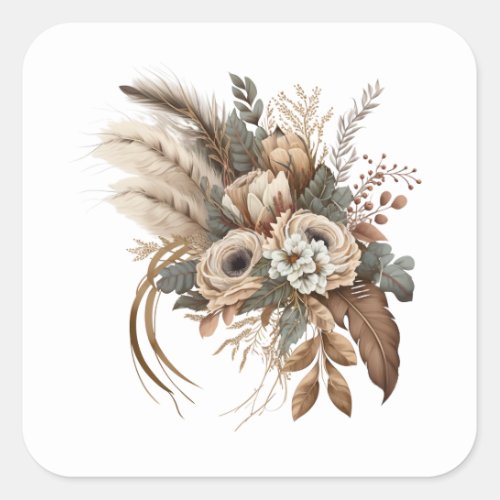 Elegant Flowers Foliage and Feathers Square Sticker