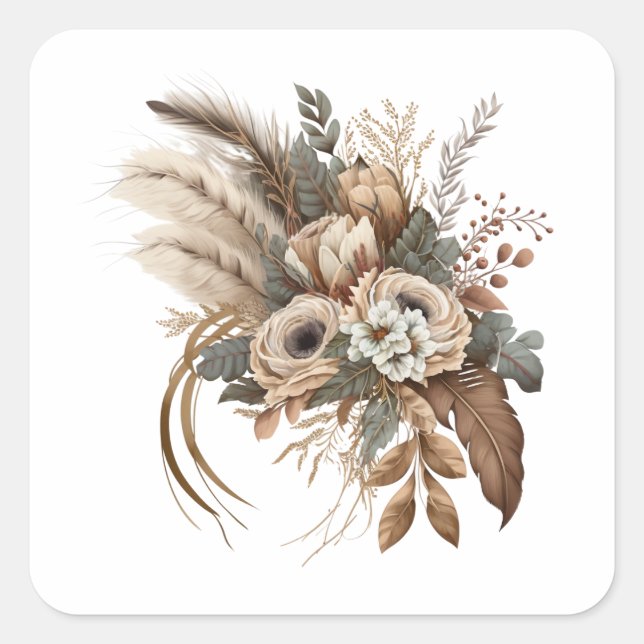 Elegant Flowers Foliage and Feathers Square Sticker (Front)