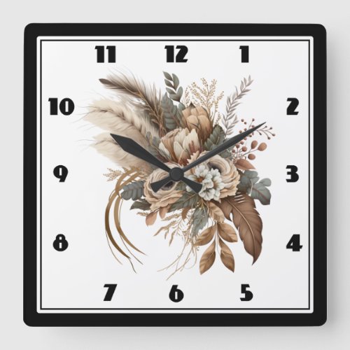 Elegant Flowers Foliage and Feathers Square Wall Clock