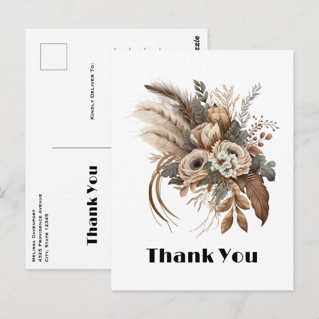 Elegant Flowers Foliage and Feathers Thank You Postcard (Front/Back)
