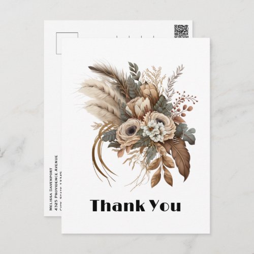 Elegant Flowers Foliage and Feathers Thank You Postcard